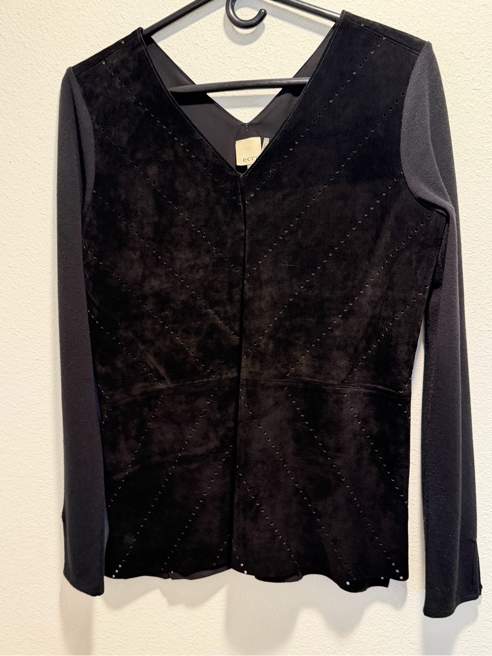 Ecru Black Suede 100% Leather bodice top features a perforated V-neck Side Zip